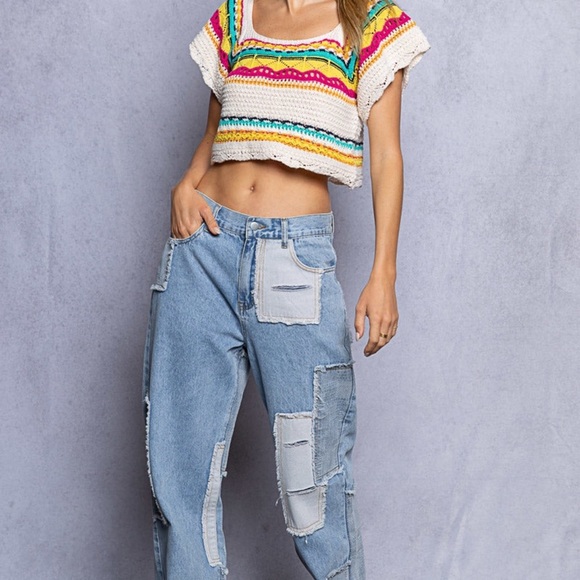 POL- Boho Crochet Knit Crop Top Multicolor Striped Festival Summer Size Large - Picture 3 of 7